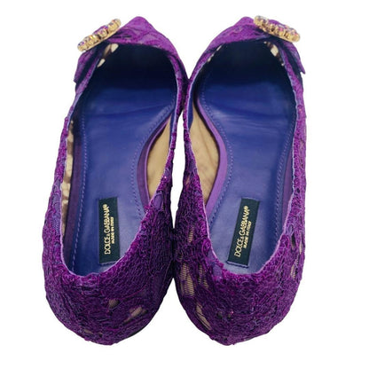 Dolce&Gabbana Women 8.0US Purple Lace Bijou Flat Shoes Luxury Elegant Classic
