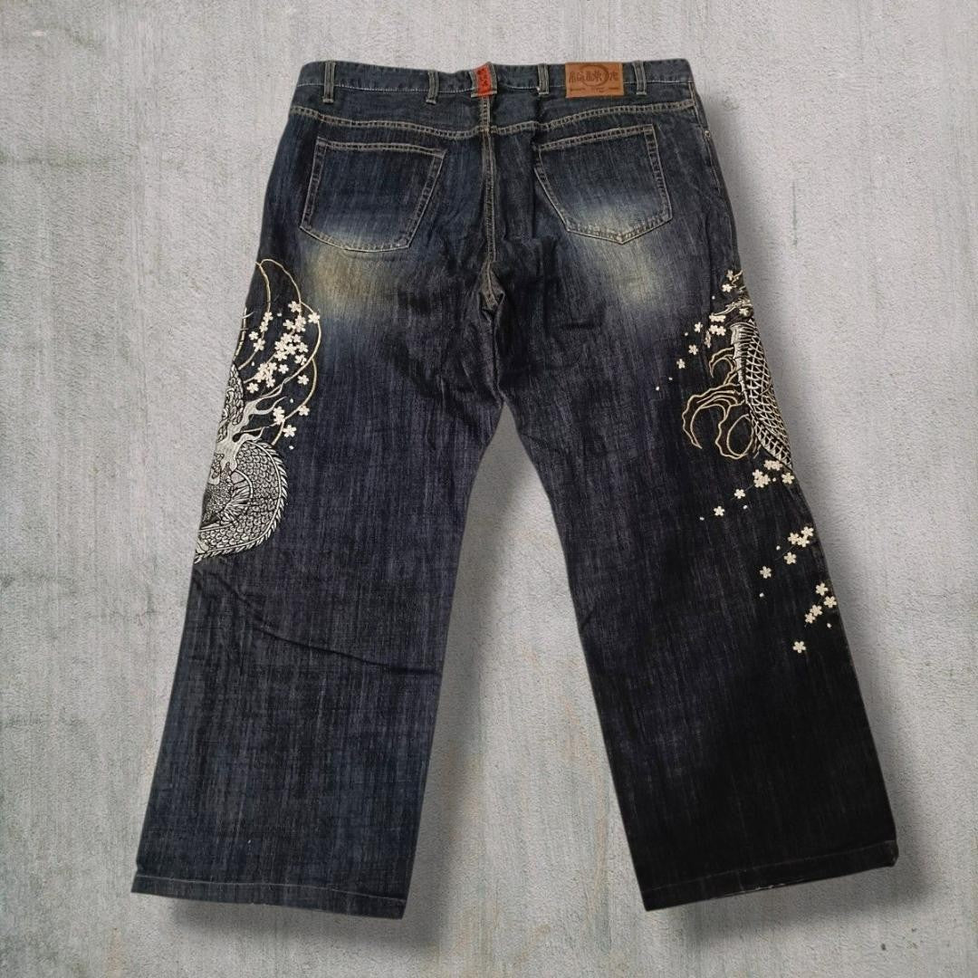 Karakuri Tamashii Dragon Koi Sakura Embroidery Denim Jeans W42 Rare