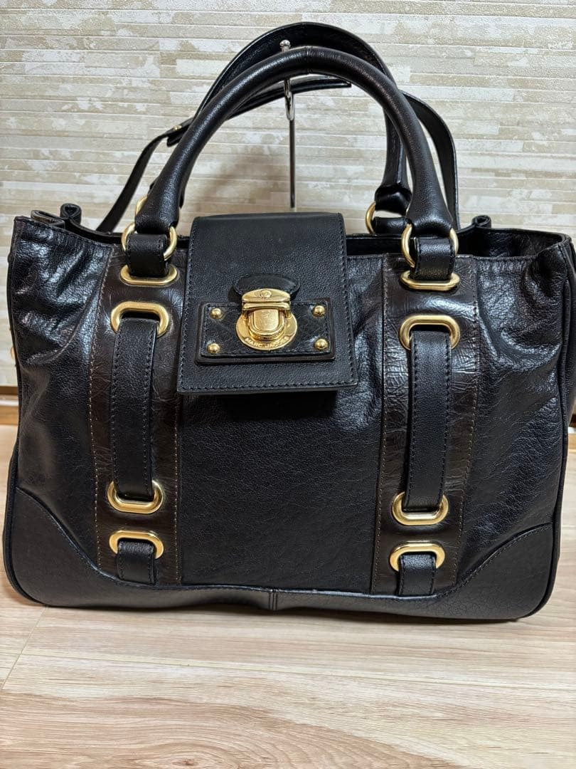 Marc Jacobs All Leather Black Shoulder Bag 2Way Handbag with Gold Hardware