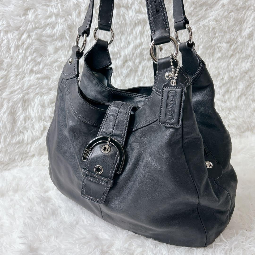 COACH Soho Hobo Tote Bag Black Leather Shoulder Buckle Silver Auth