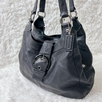 COACH Soho Hobo Tote Bag Black Leather Shoulder Buckle Silver Auth