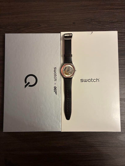 Swatch × 007 No Time to Die Collaboration Watch Brown Tartan Leather Strap Boxed