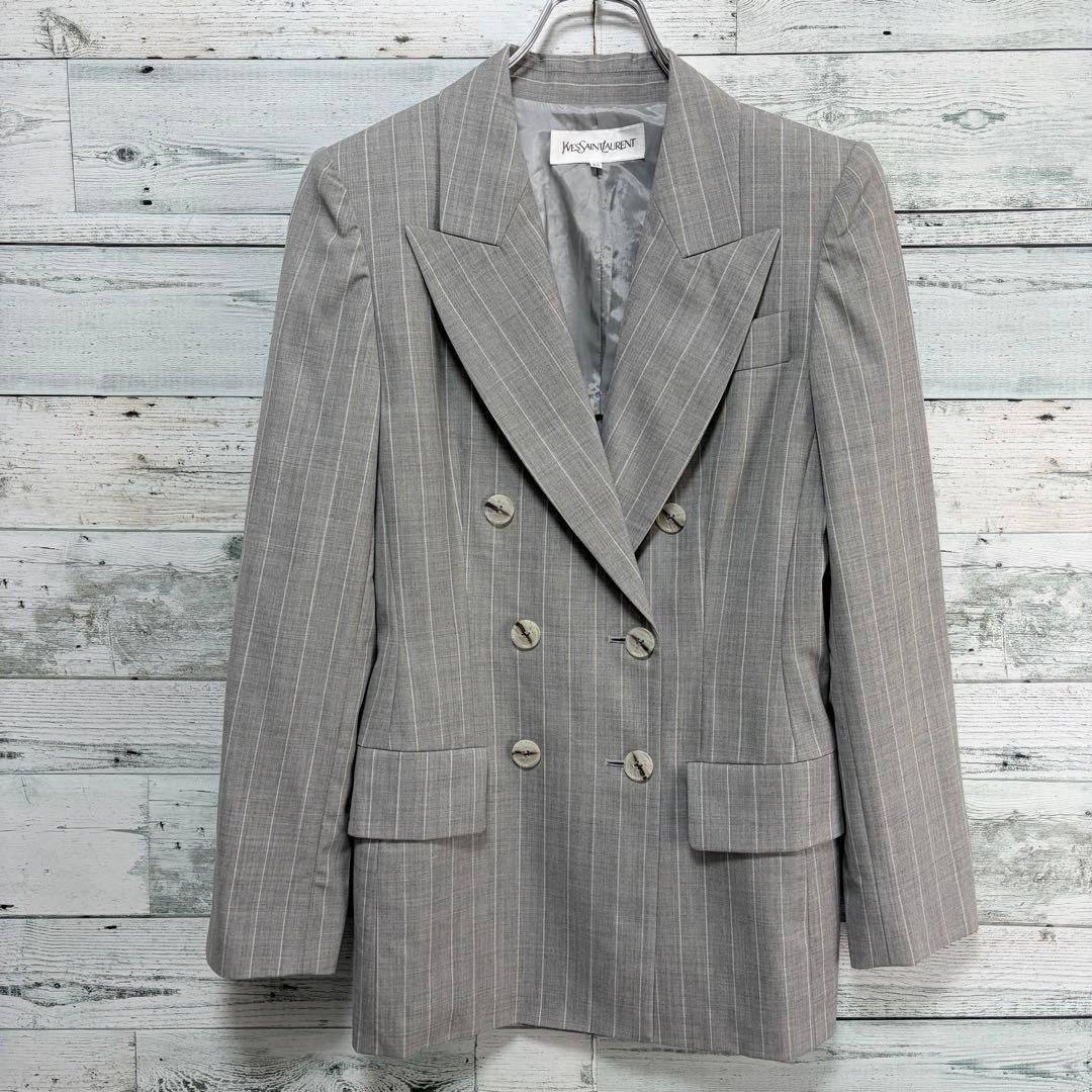 Yves Saint Laurent 90s Double Breasted Wool Suit Set Gray Pinstripe 34
