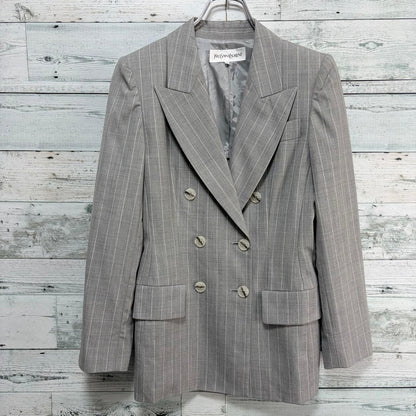 Yves Saint Laurent 90s Double Breasted Wool Suit Set Gray Pinstripe 34