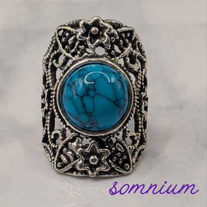 [Antique Style] Flower Motif Turquoise Square Openwork Ring