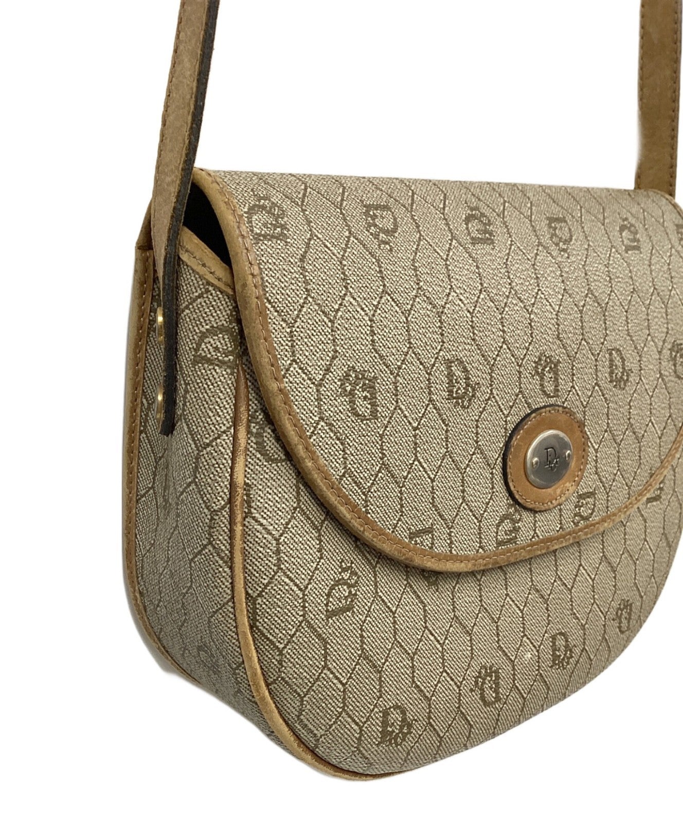 Dior Honeycomb Shoulder Crossbody Bag Beige Canvas Leather Vintage Auth 115534