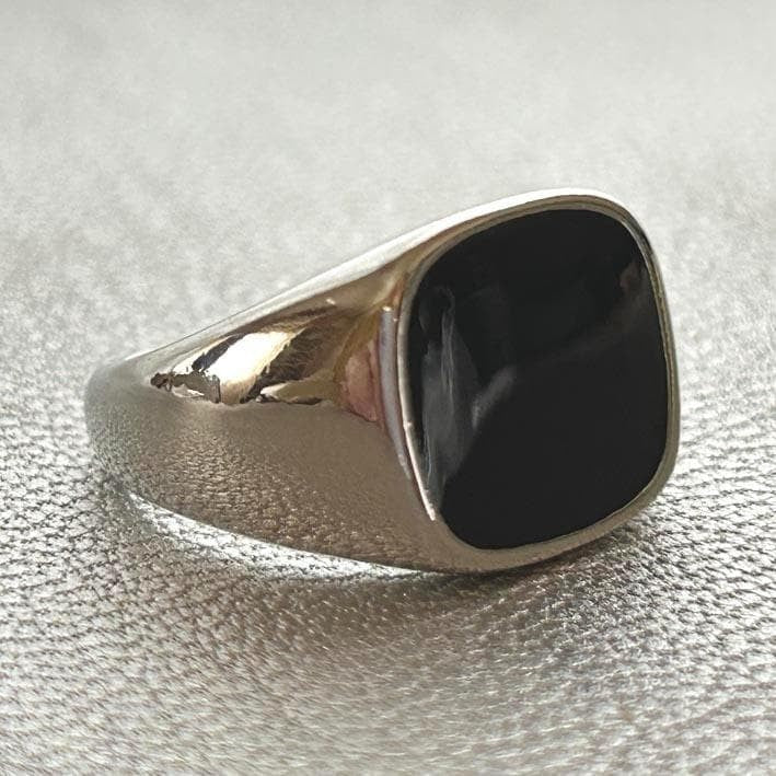 Onyx-style Signet Ring, Silver, Black, Men's