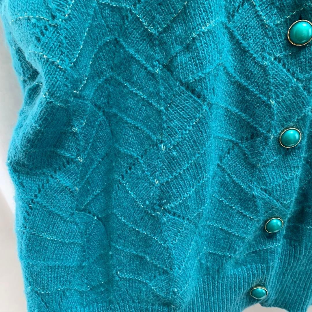 Turquoise knitted pattern cardigan with sequinned trim, size L