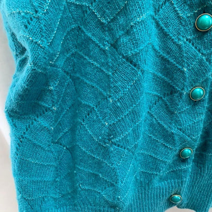 Turquoise knitted pattern cardigan with sequinned trim, size L