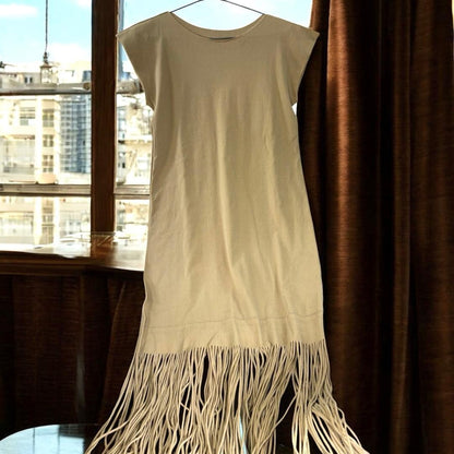 USED EXCELLENT CONDITION ISSEY MIYAKE FRINGE SLEEVELESS NYLON DRESS BEIGE. GOO