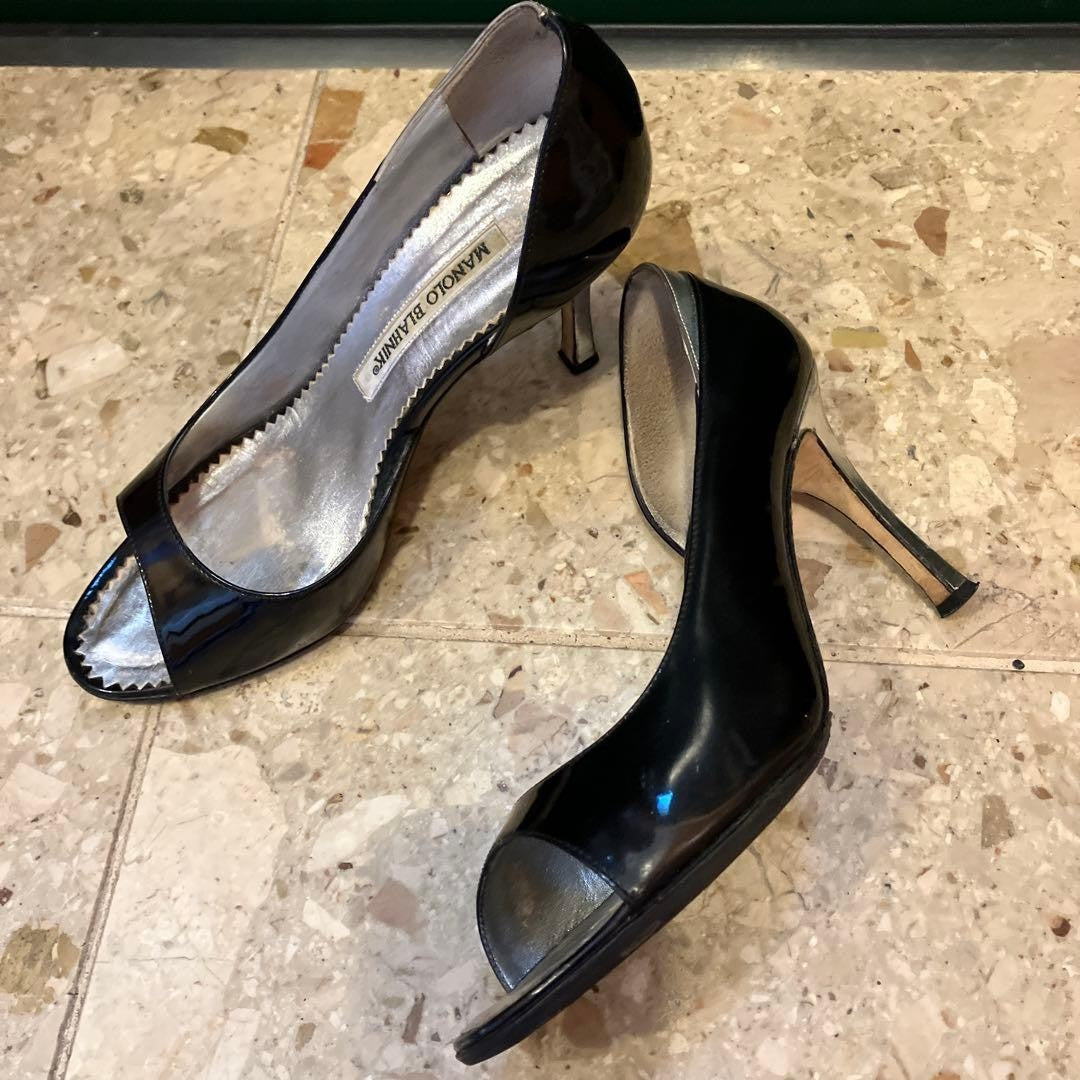 Rare Manolo Blahnik Open Toe Heels Size EU36 / US6 Black Silver Pin Heels Pumps