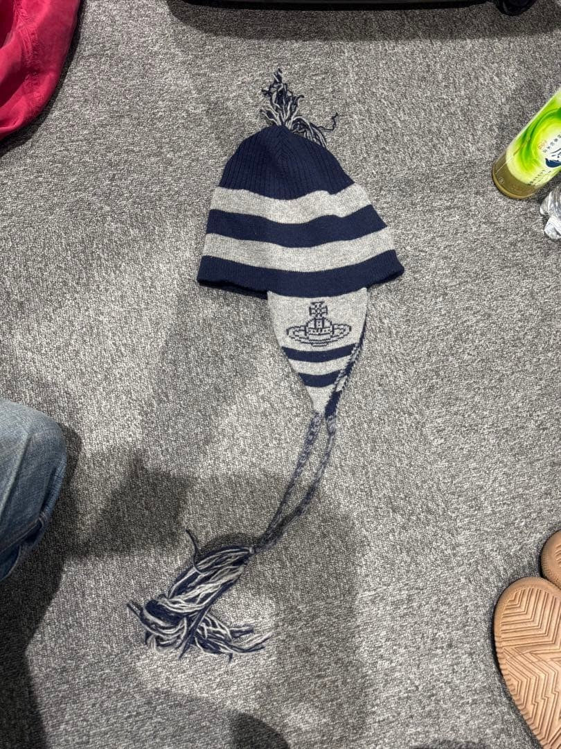 Vivienne Westwood Navy Gray Stripe Knit Hat with Ship Embroidery, 90s-2000s Use
