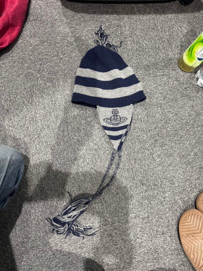 Vivienne Westwood Navy Gray Stripe Knit Hat with Ship Embroidery, 90s-2000s Use