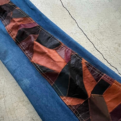60S-70S Aura Vintage Patchwork Leather Bell Bottom/Jeans Denim Boot Cut East Wai