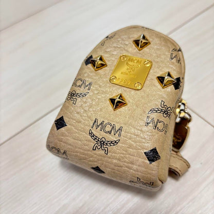 MCM Mini Backpack Zipper Charm Studs Logo Key Chain Key Holder Beige