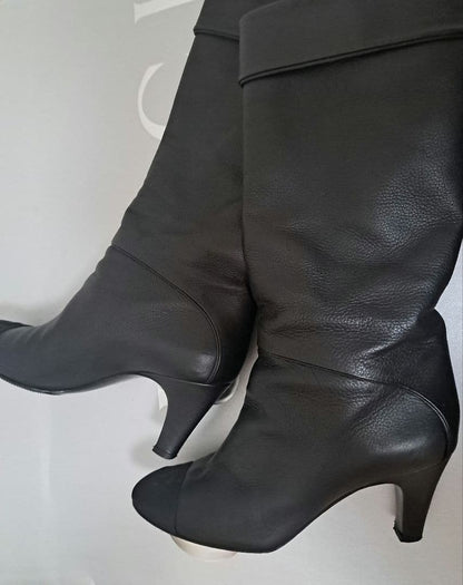 CHANEL Leather Long Boots Shoes Women Size 37 COCO MARK embroidery black