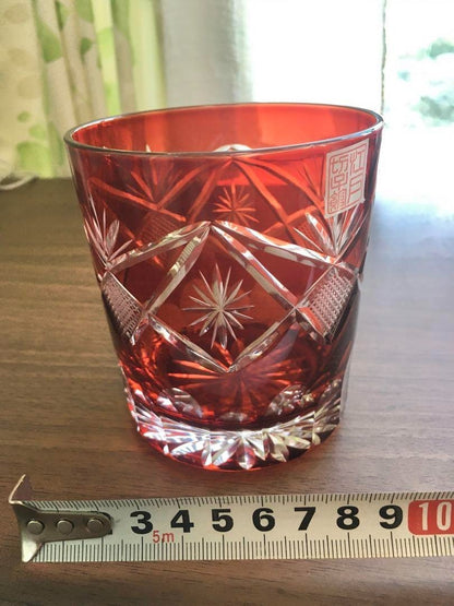 Edo Kiriko Red Crystal Glass with Intricate Design High-Quality Japanese Craft