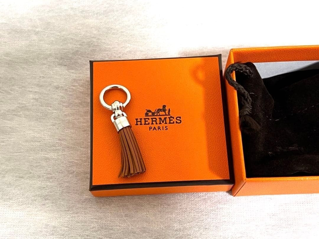 HERMES Twilly Ring Fringe Silver Brown Rare Mint