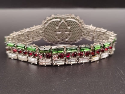 Authentic GUCCI Crystal GG Web Bracelet Silver Tone Vintage Rare Jewelry Italy