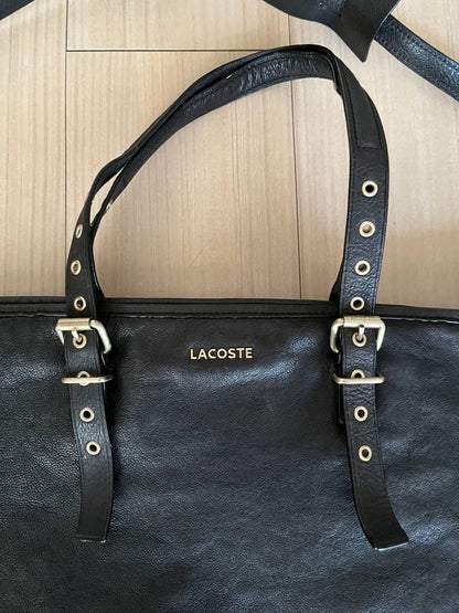 Lacoste Women Black Leather Tote Bag Shoulder Limited Edition Rare french Fashio