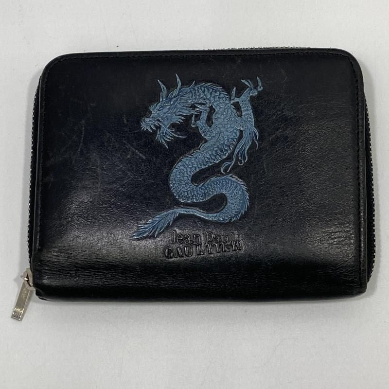 Jean Paul Gaurtier Dragon Embossed Bifold Wallet Black Leather Zip Around Men's