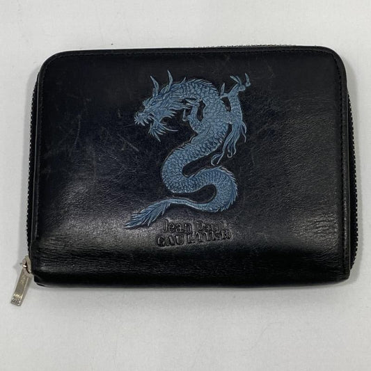 Jean Paul Gaurtier Dragon Embossed Bifold Wallet Black Leather Zip Around Men's