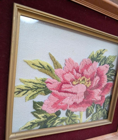 Hand-embroidered Peony Artwork Framed in a Tea-Colored Frame with Surface Glass