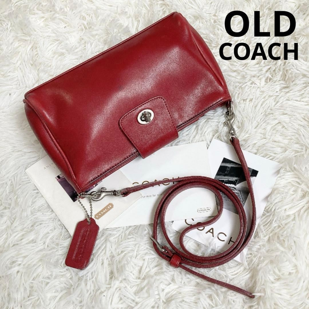 Rare COACH Vintage Turn Lock Red Leather 2 Way Shoulder Hand Crossbody Bag Auth