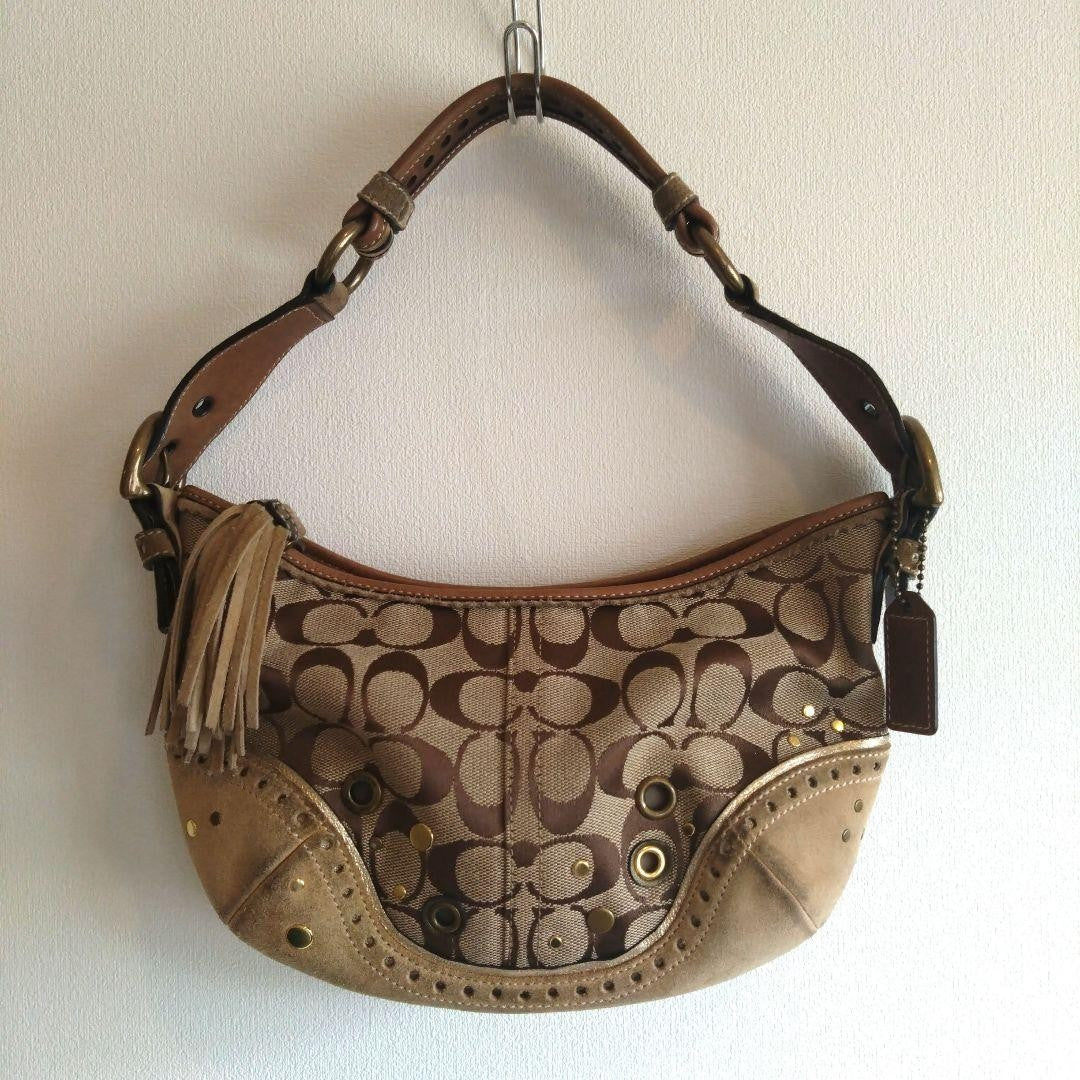 COACH signature pattern fringe shoulder bag beige 10a