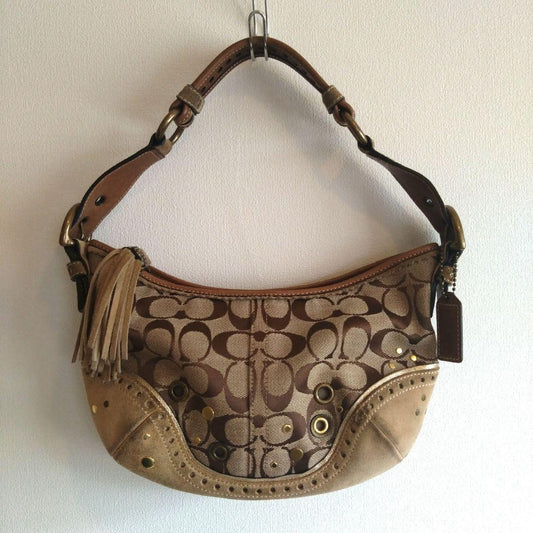 COACH signature pattern fringe shoulder bag beige 10a