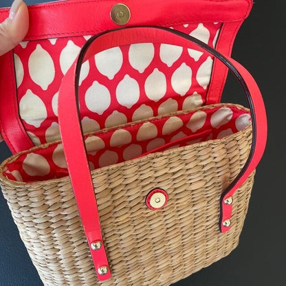 Kate Spade Pink Straw Basket Bag Wicker Handbag Top Handle 26cm Width 19cm
