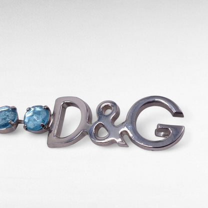 DOLCE & GABBANA Blue Rhinestone Chain Belt Silver Logo Buckle Women Size 101cm