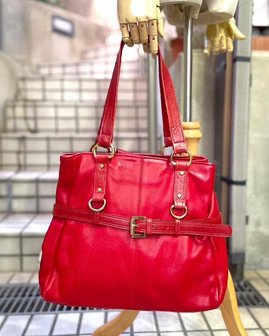 Vintage Mulberry Leather Shoulder Tote Belted Bag RED 30 x 35 x 11cm
