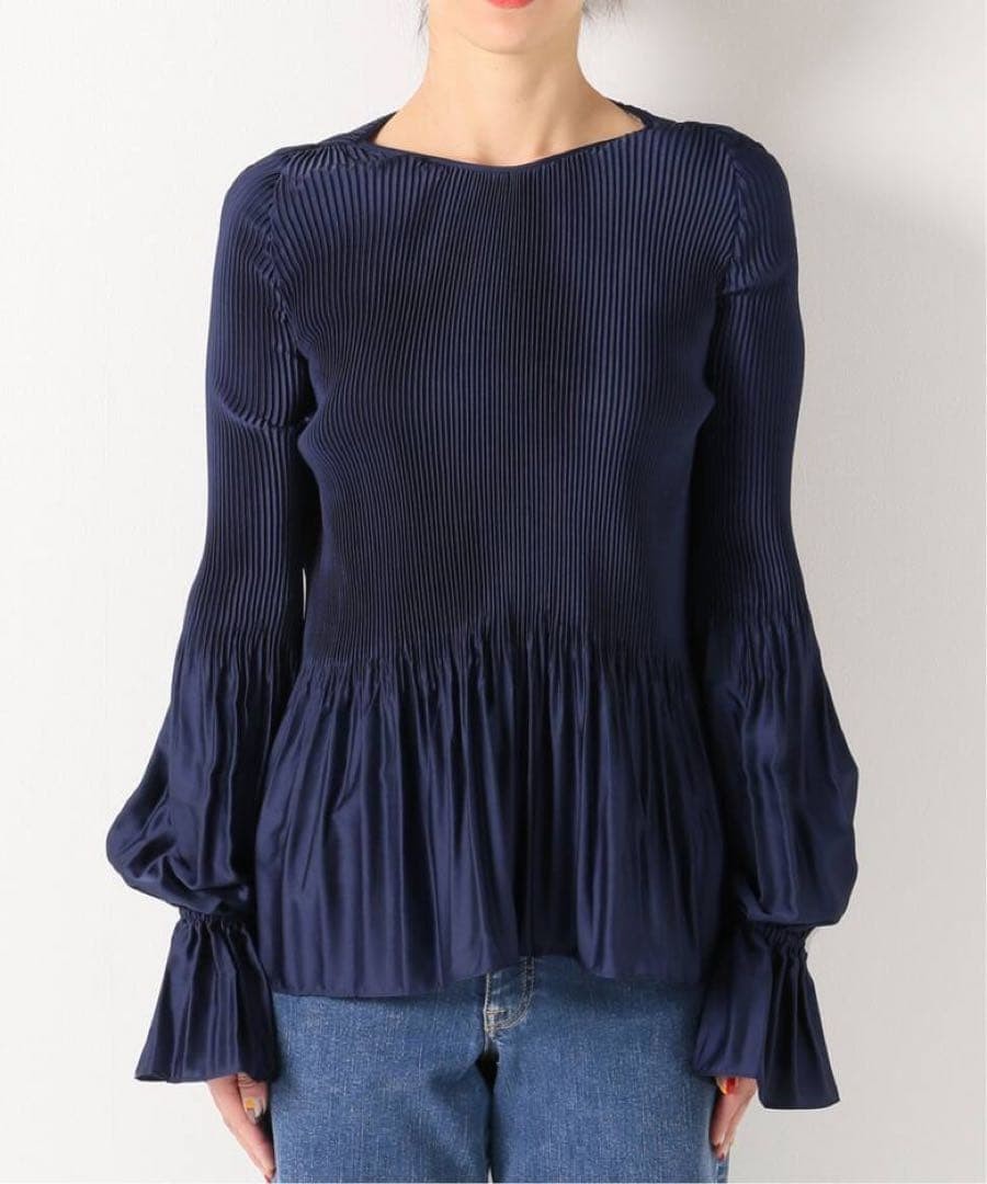KALLMEYER Pleats Blouse Navy Feminine Flare Sleeve Elegant
