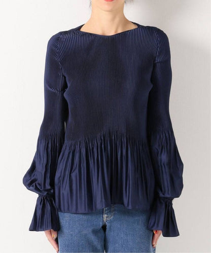 KALLMEYER Pleats Blouse Navy Feminine Flare Sleeve Elegant