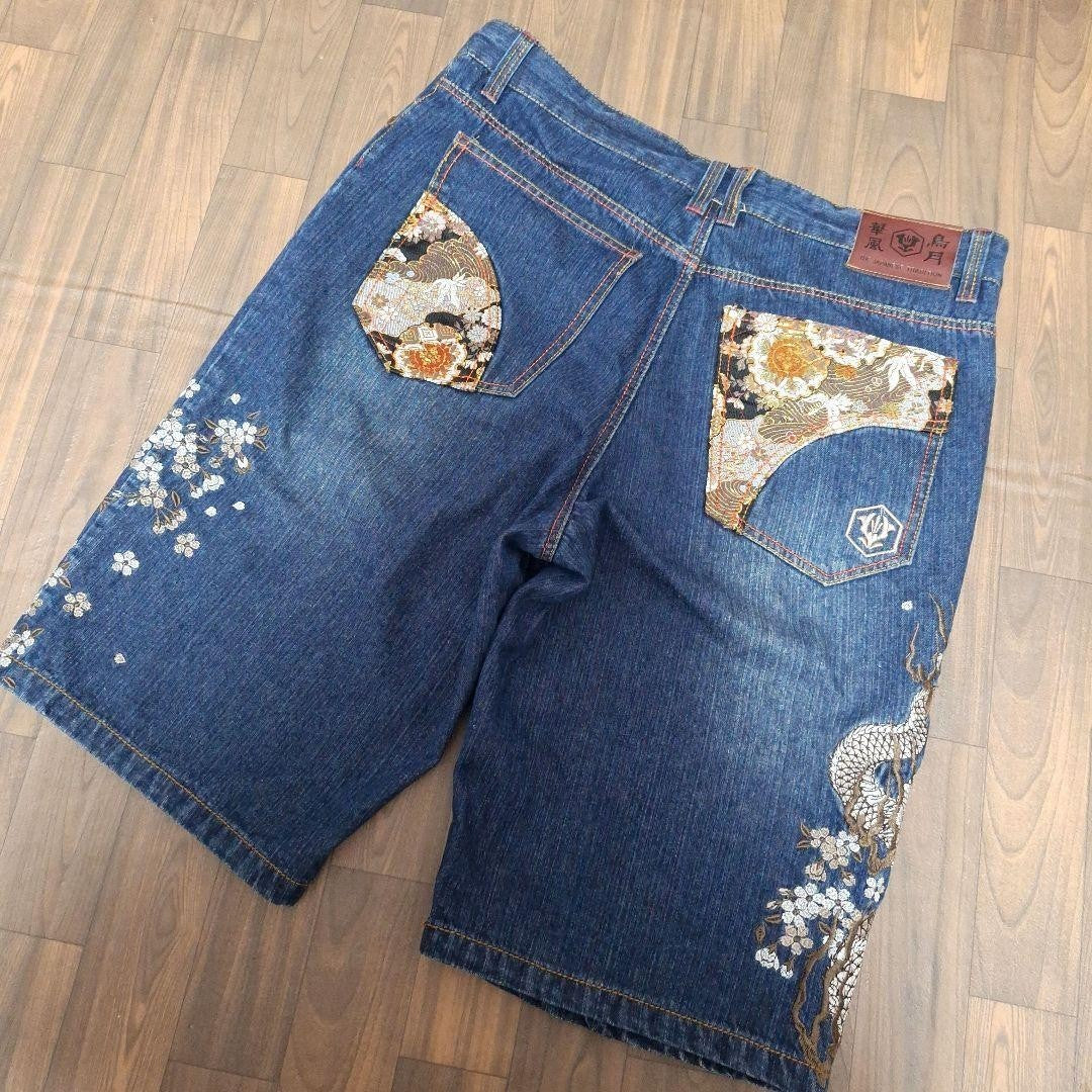Kacho Fugetsu Men's Denim Jeans Half Pants Dragon Embroidered Blue Size 40