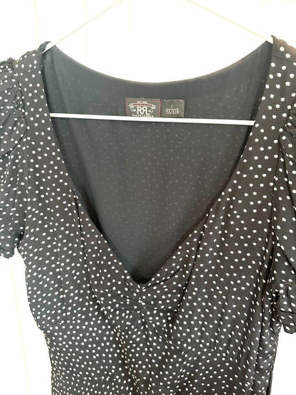 RRL RALPH LAUREN V-neck Chiffon Print Dress Women Size 1 Silk A-line Black JP