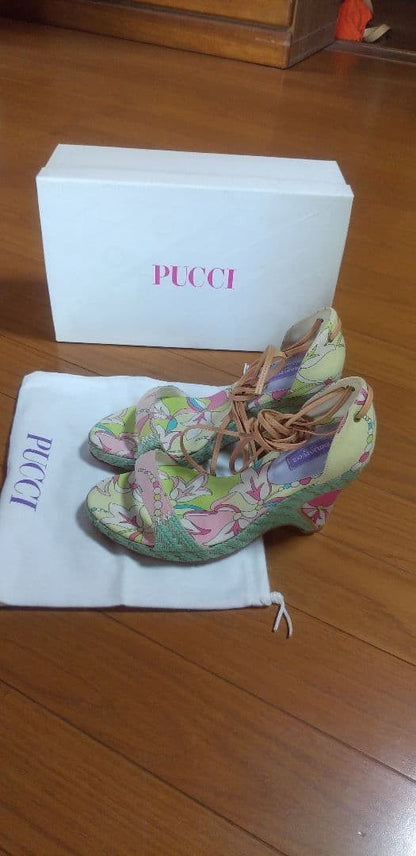 Emilio Pucci Lace Up Wedge Sandals Leather Size 37 Unused