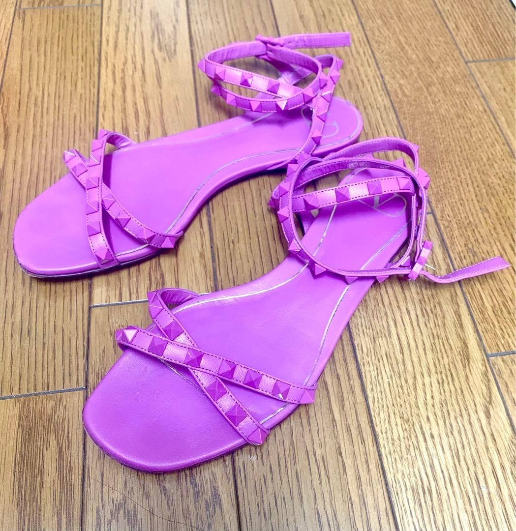 VALENTINO Rockstud Flair Nappa Leather Flat Sandals Pink Used Studded Strap
