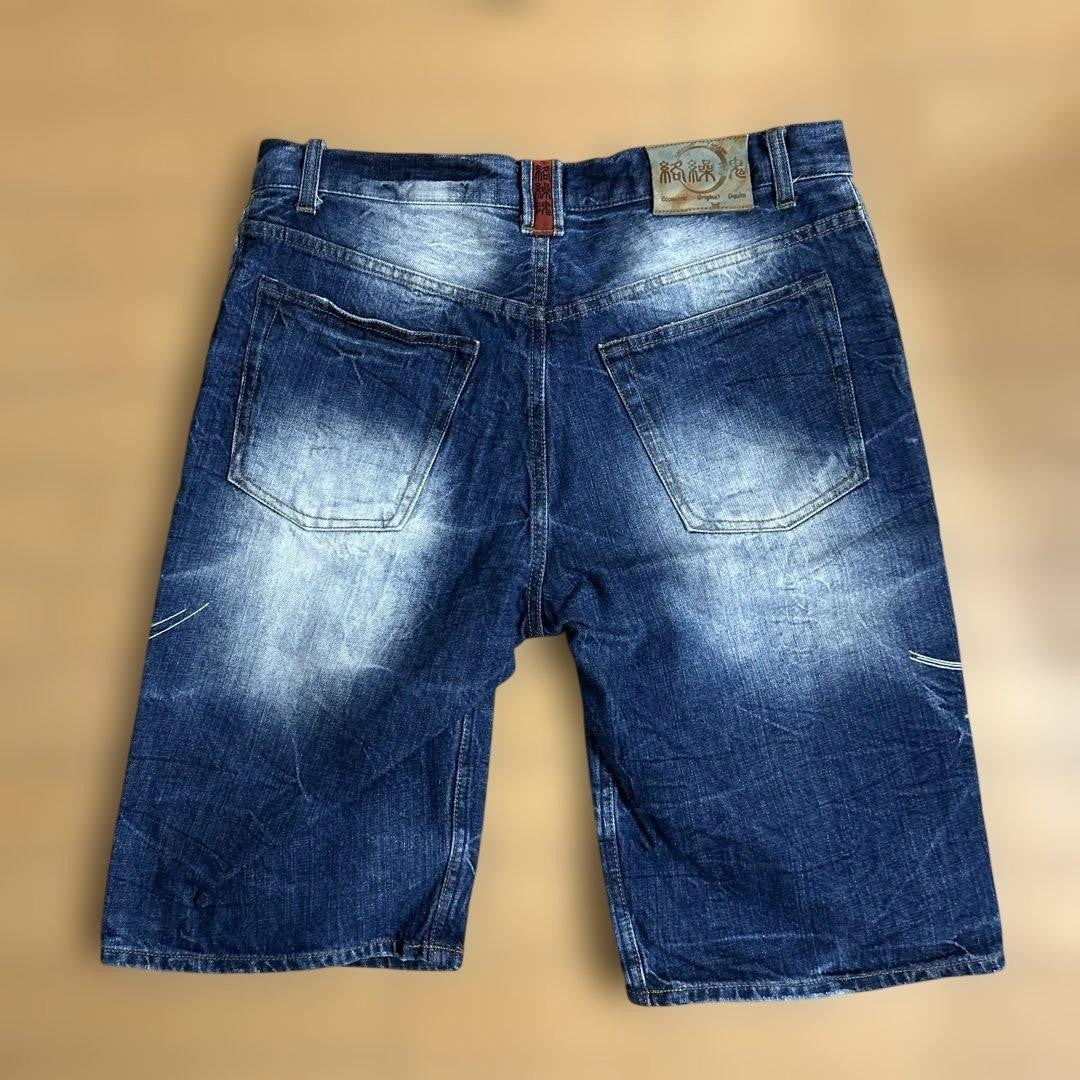 Karakuri Tamashii Goldfish Embroidered Denim Shorts Indigo/Size34/VG LTD From JP