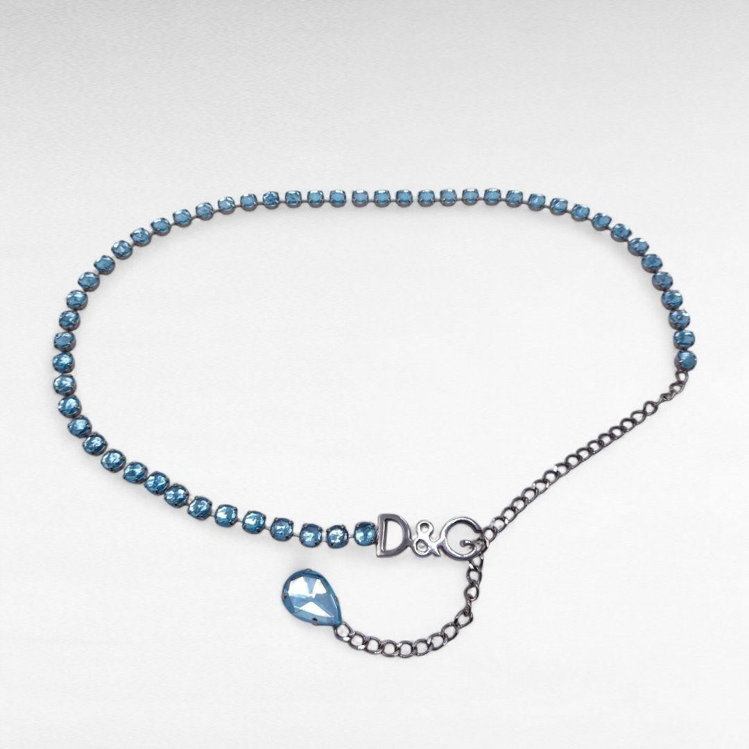 DOLCE & GABBANA Blue Rhinestone Chain Belt Silver Logo Buckle Women Size 101cm