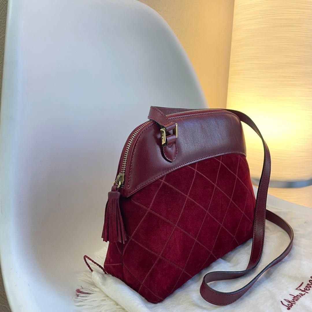 Ferragamo Suede Shoulder Bag Red Women Made in Italy Authentic from JAPAN