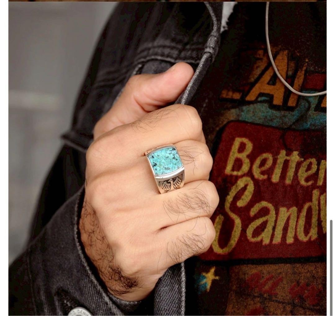 Turquoise Silver Ring, Vintage Eagle Engraving, Men's Size US9