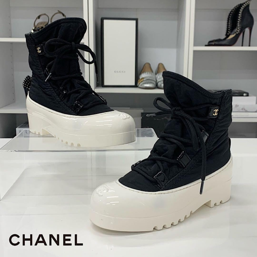 CHANEL nylon patent lace-up short Boots Bootie Shoes Women Size 35 COCO MARK