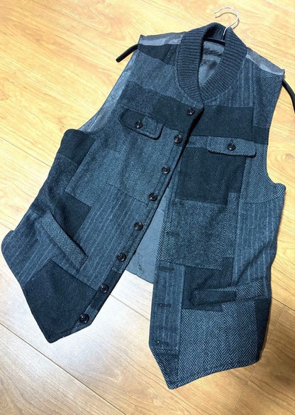 Dolce & Gabbana Wool Collared Patchwork Vest Gilet Black Size 48 Back Belt