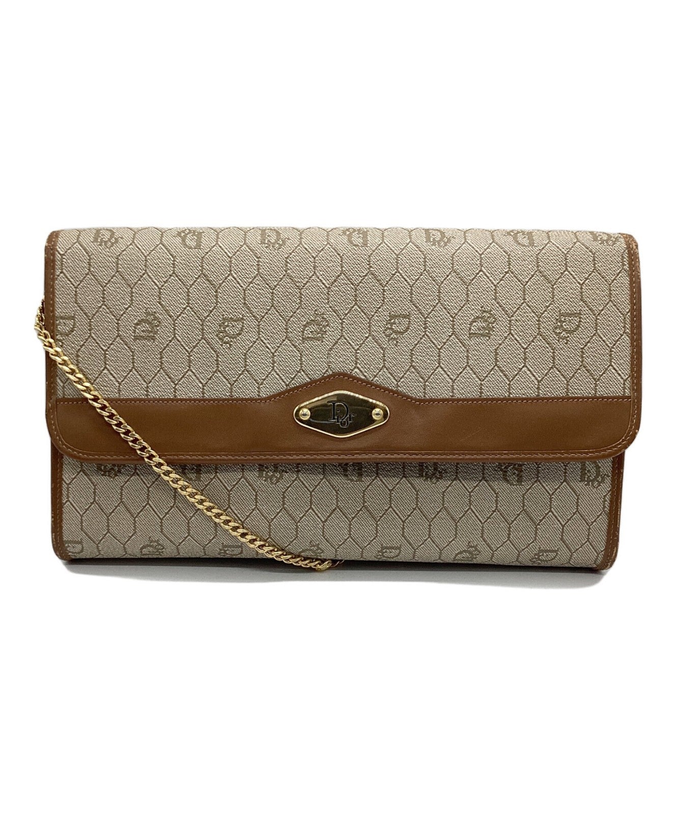 Dior Honeycomb Chain Shoulder Crossbody Bag Beige Canvas Leather Vintage Auth