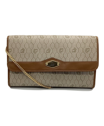 Dior Honeycomb Chain Shoulder Crossbody Bag Beige Canvas Leather Vintage Auth