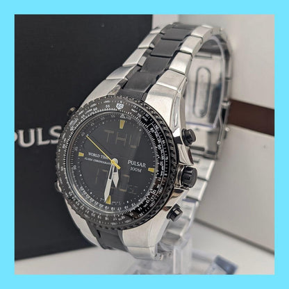 Seiko Pulsar NX14-X001 World Time Ana-Digi Rare Quartz SS Black Dial Men’s Watch