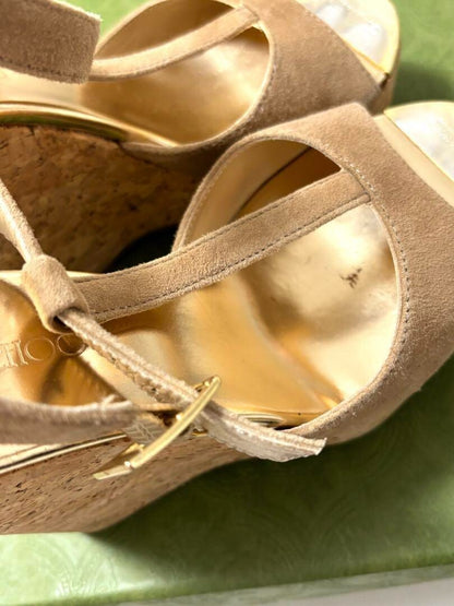 Jimmy Choo Wedge Sole Sandals Open Toe Leather Beige Size 35 US About5 For Women