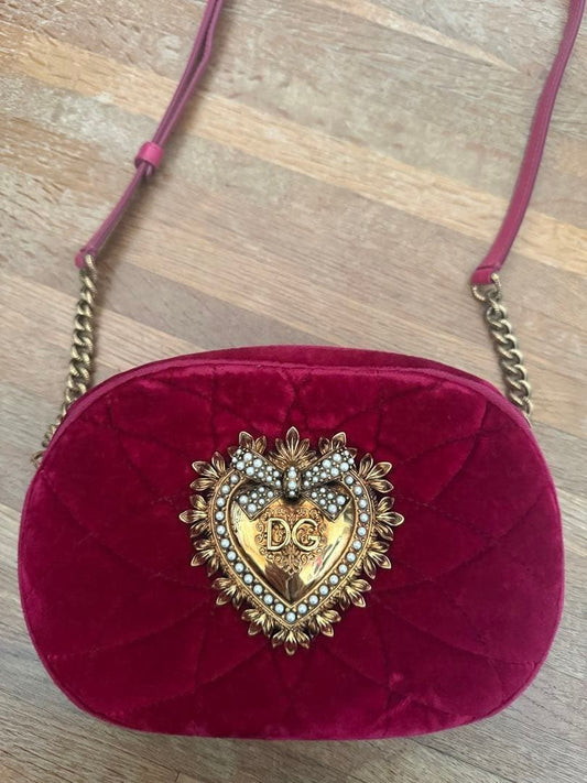 Dolce & Gabbana Devotion Shoulder Bag in Red Velvet Heart Logo Bijou Women's